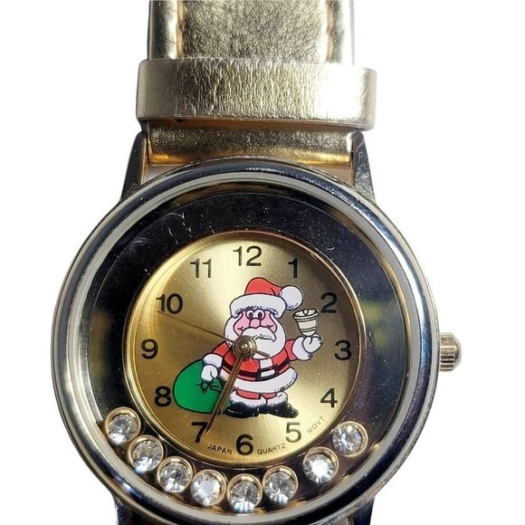 Santa Claus Christmas Holiday Watch Wristwatch Gold Band Moving Rhinestone WORKS - Picture 3 of 6